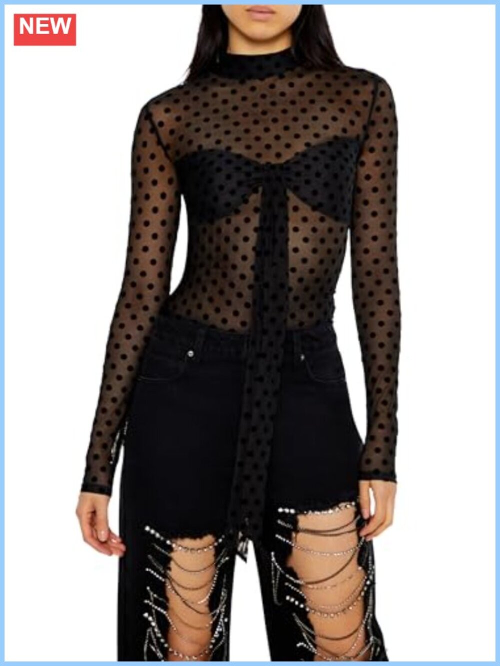 Women's Mesh Polka Dot Mock Neck Long Sleeve Ruched Blouse
